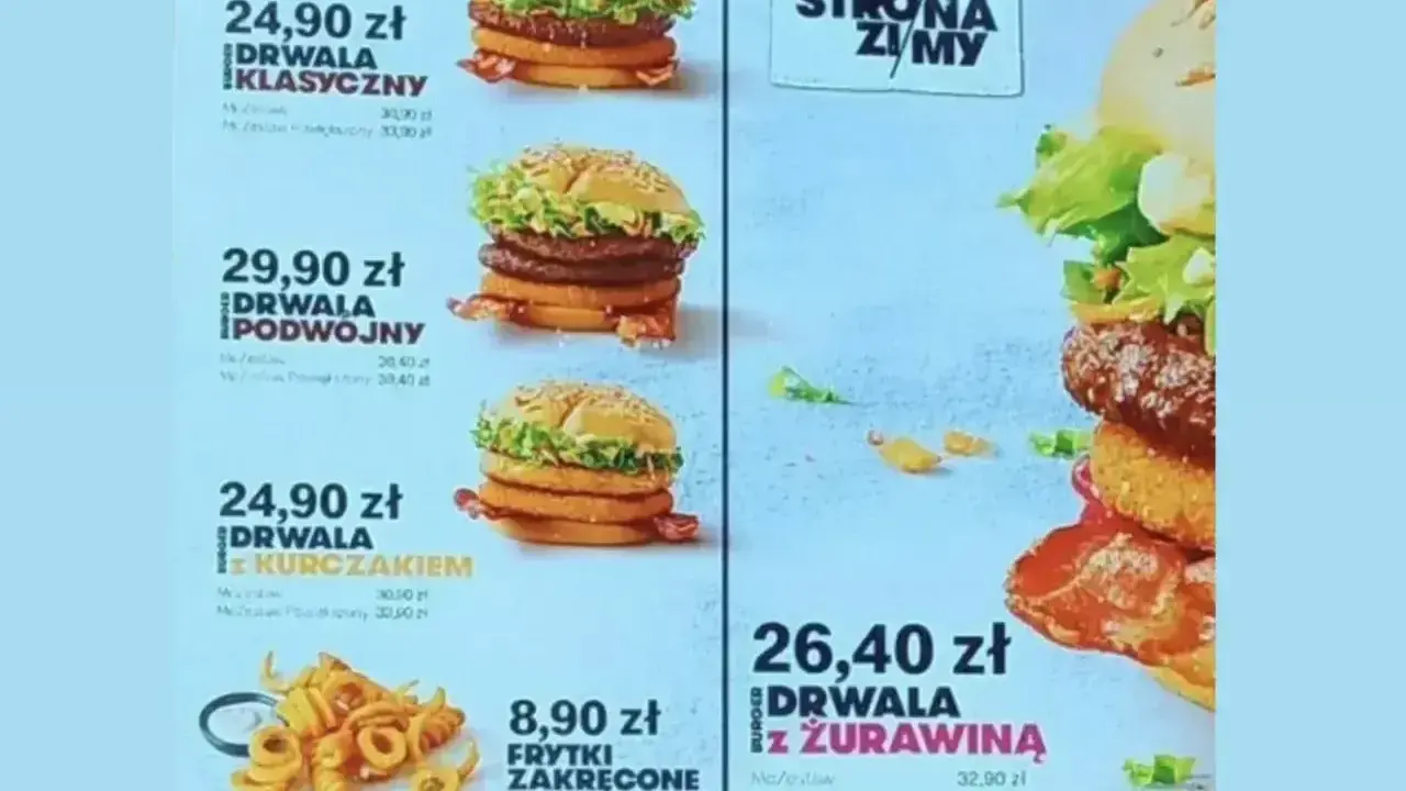 Drwala Klasyczny kosztuje 24,90 zł. Menu McDonald's pokazuje też inne burgery, np. Drwala Podwójnego za 29,90 zł.
