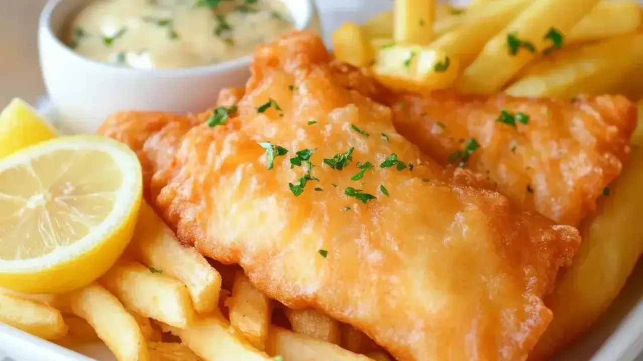 Chrupiąca ryba w cieście, podana z frytkami, cytryną i sosem tatarskim. Idealny posiłek na szybki lunch.