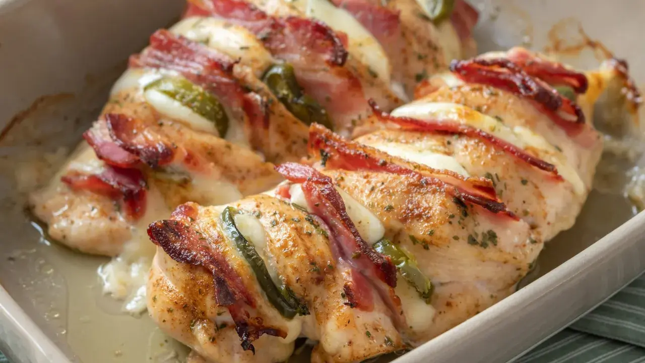 Pieczony filet z kurczaka zawinięty w boczek z serem i papryczką jalapeno. Pyszny filet z kurczaka na obiad inaczej, wprost z naczynia żaroodpornego.