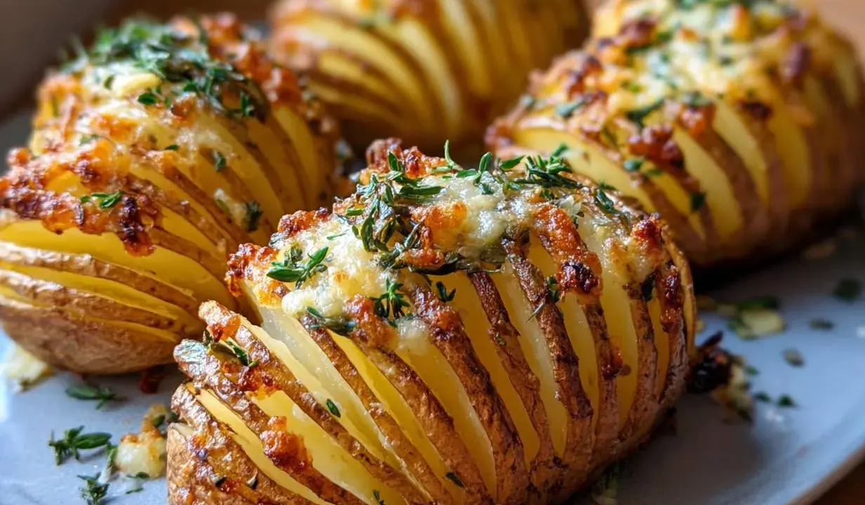 Pyszne, chrupiące pieczone ziemniaki w airfryer, z serem i ziołami, wyglądają apetycznie.