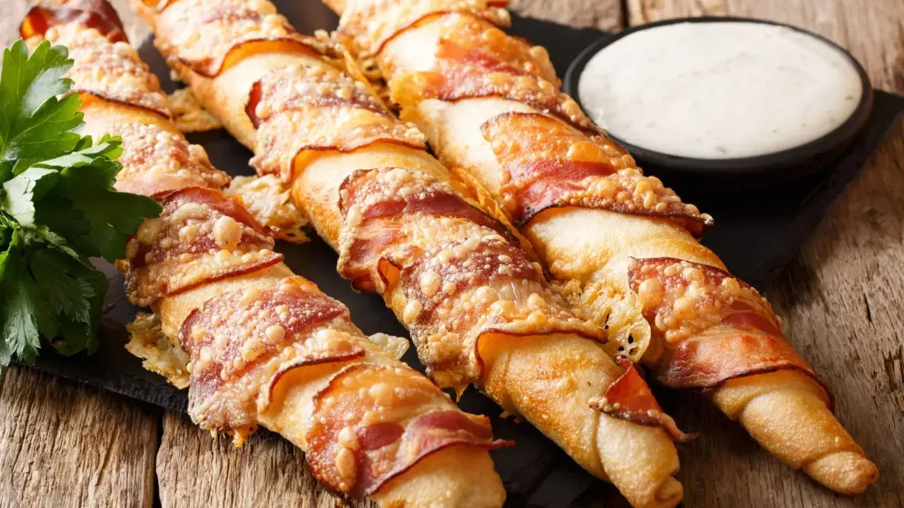 Pyszne paluszki z ciasta na pizzę owinięte boczkiem i posypane serem. Świetny pomysł na przekąskę!