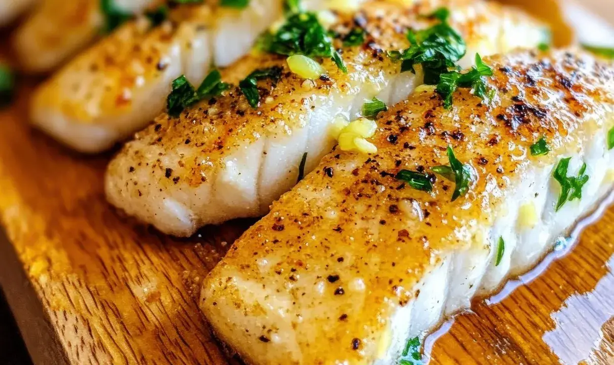 Soczysta ryba z airfryer, przyprawiona ziołami i czosnkiem, podana na drewnianej desce.