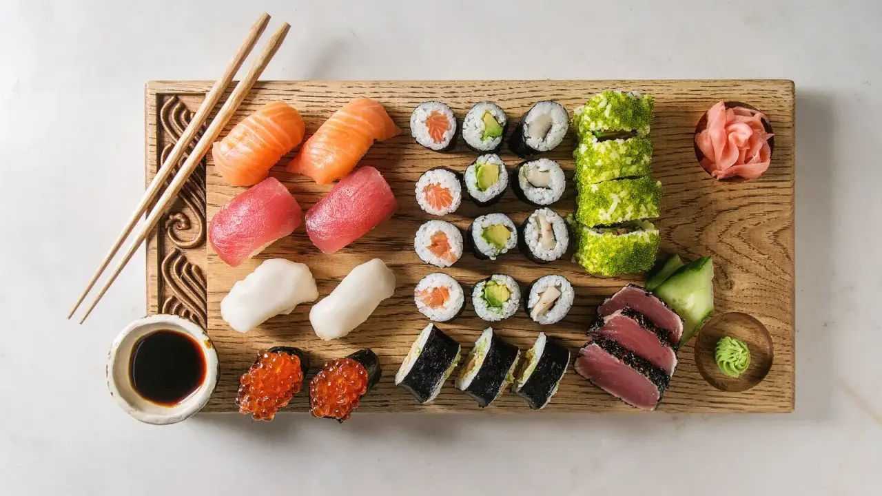 Deska z różnorodnymi składnikami do sushi: nigiri z łososiem, tuńczykiem i krewetkami, maki z awokado i rybą, rolki w ikrze, sashimi z tuńczyka, sos sojowy, wasabi i marynowany imbir.