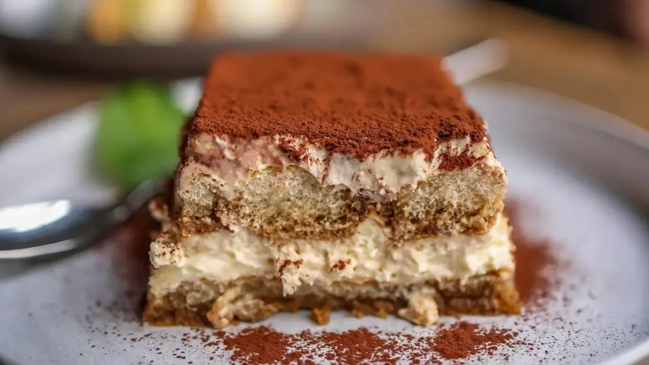 Pyszny kawałek tiramisu z mascarpone, posypany kakao. Idealny na deser, gdy szukasz sprawdzonego przepisu.