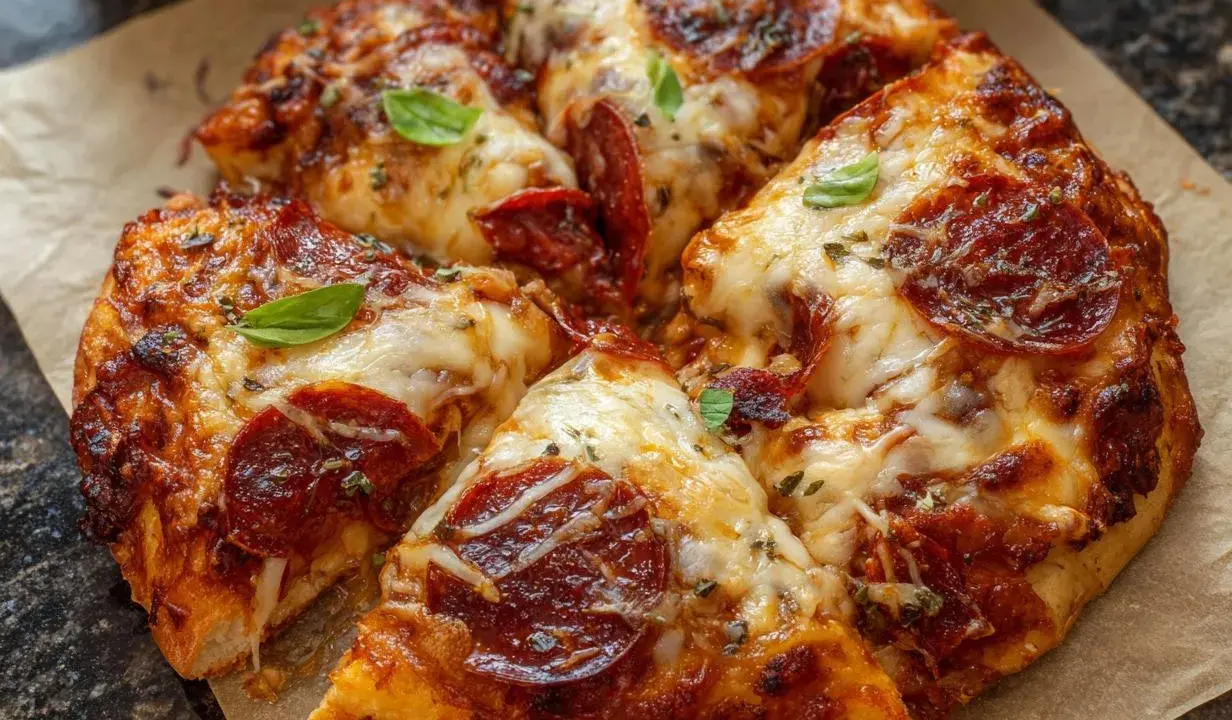 Pyszna pizza z pepperoni, z ciągnącym się serem i świeżą bazylią, przygotowana w air fryerze.
