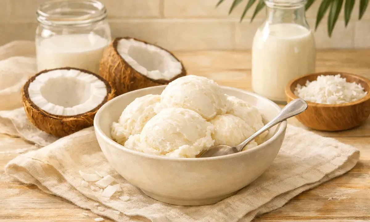 Pyszne, kremowe domowe lody kokosowe w misce, obok połówki kokosa, mleka i wiórków.