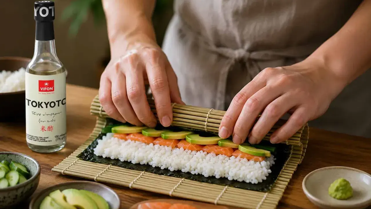 Ręce zwijają domowe sushi z łososiem i awokado na macie bambusowej. Obok butelka octu ryżowego.