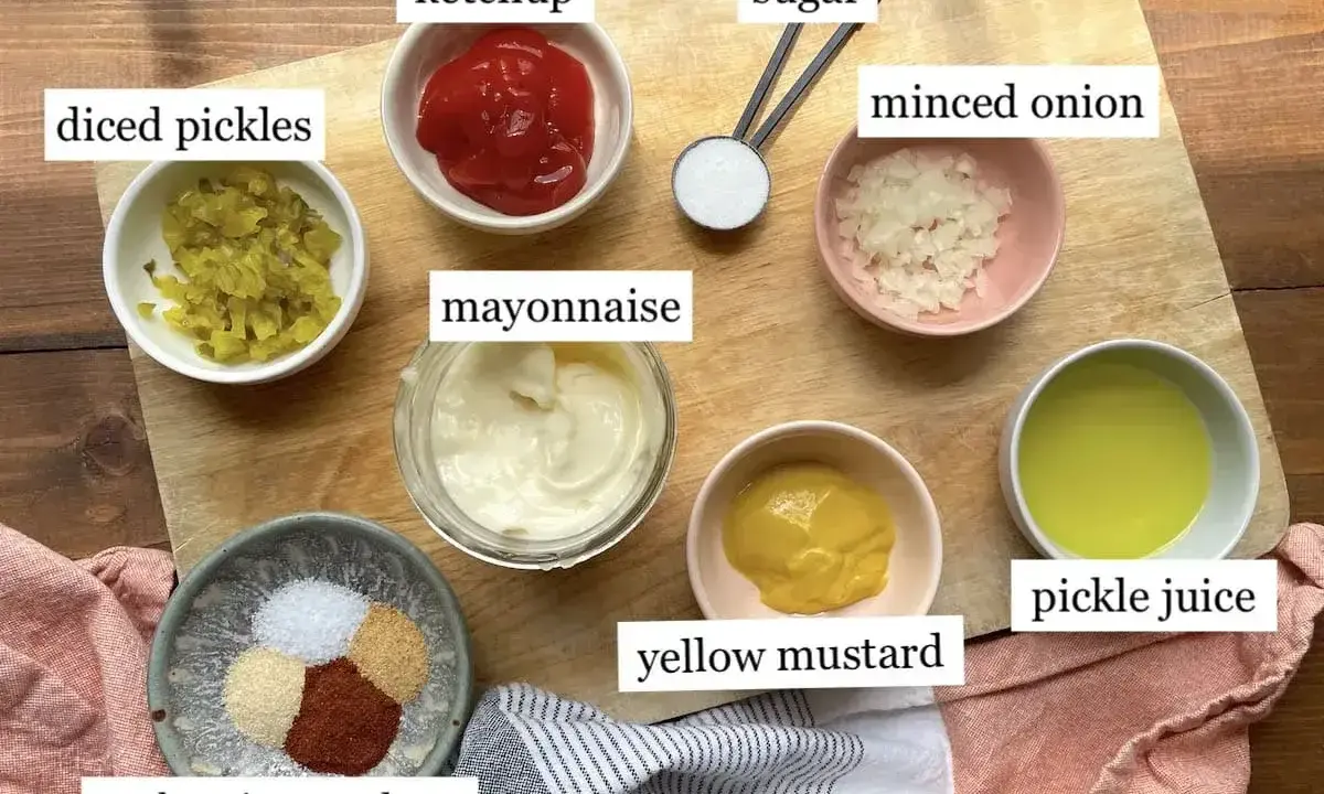 Składniki do sosu big mac: majonez, ketchup, musztarda, cukier, cebula, ogórek, przyprawy i sok z ogórków.