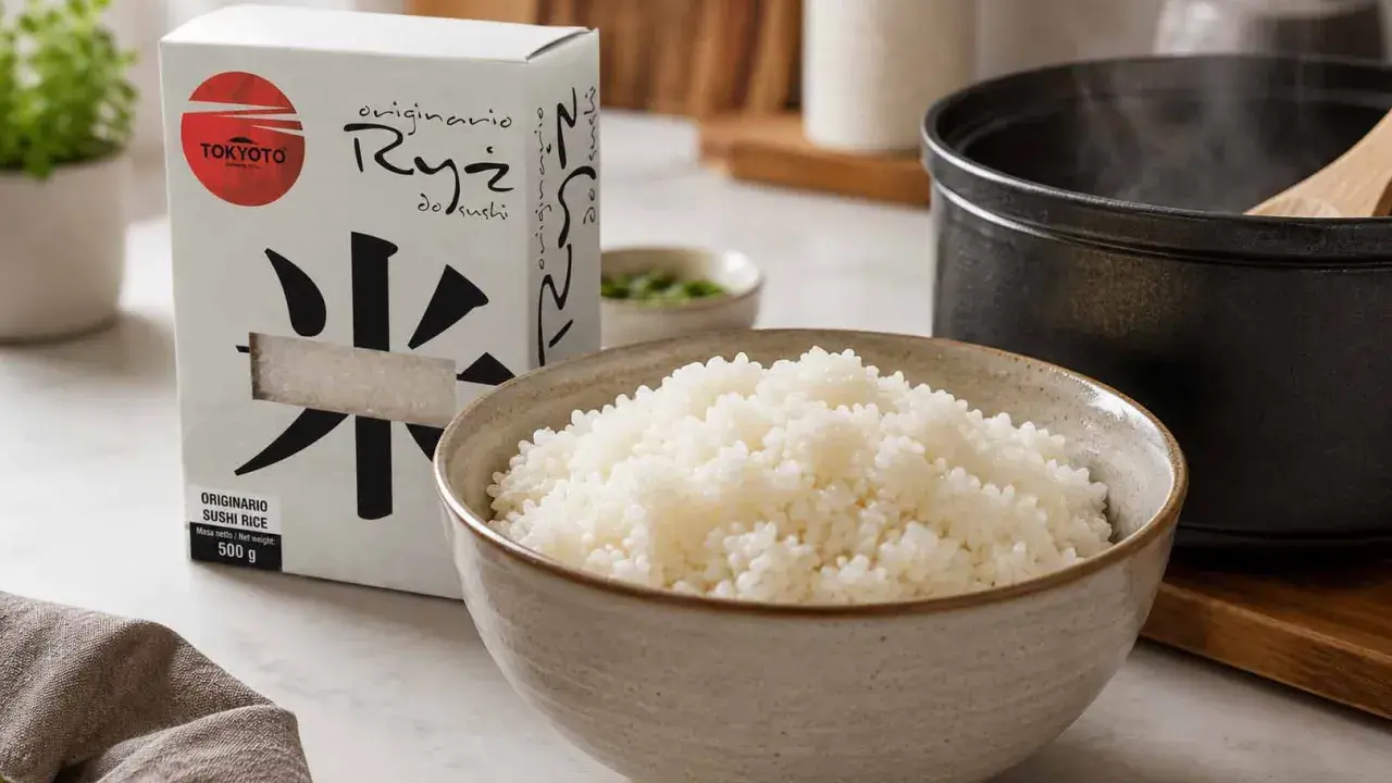 Idealny ryż do sushi, gotowy do przygotowania. Pudełko z napisem "Ryż do sushi" i miska pełna ugotowanego ryżu.