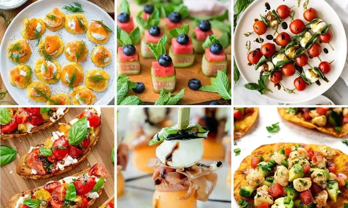Kolorowe przekąski na grilla: mini tartinki z łososiem, szaszłyki z arbuza i ogórka, caprese na patyku, bruschetta z pomidorami i serkiem, melon z mozzarellą i prosciutto, quesadillas z kurczakiem.