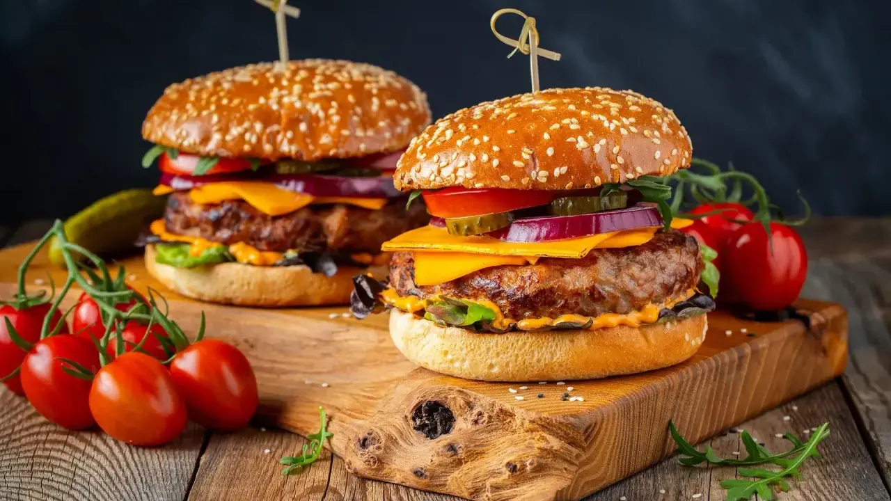 Dwa soczyste burgery z idealnie wysmażonym mięsem na burgery, serem, warzywami i sezamową bułką, podane na drewnianej desce z pomidorkami.