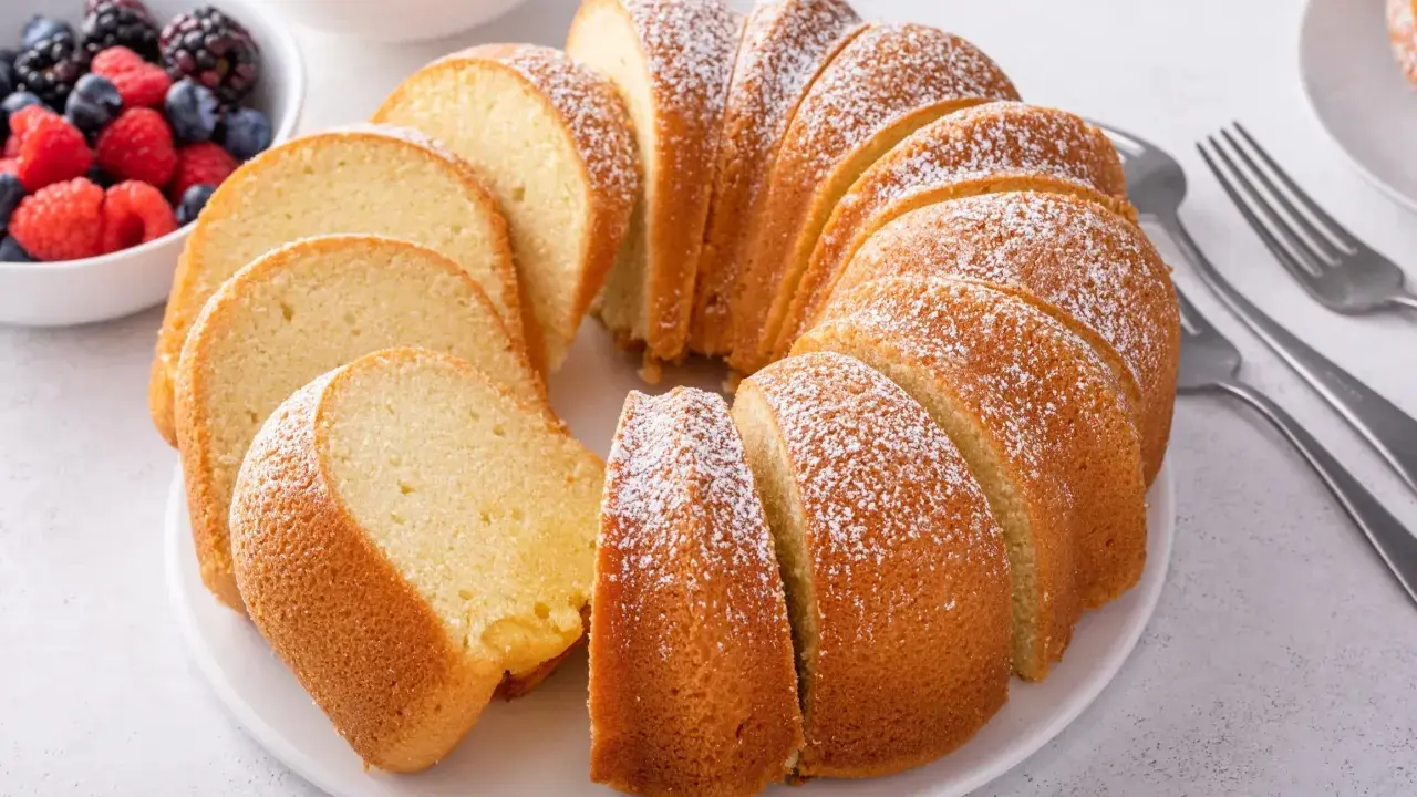 Puszysta, pokrojona wielkanocna babka posypana cukrem pudrem, obok miseczka z jagodami i malinami.