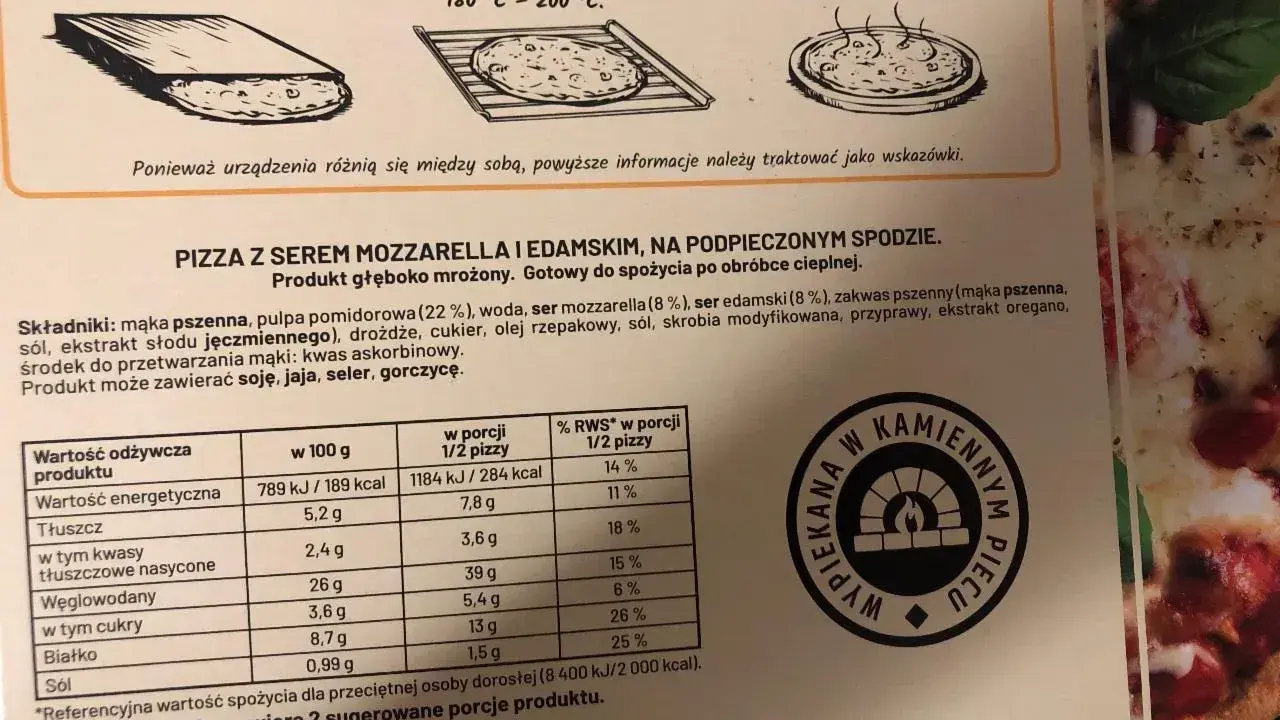 Pizza Guseppe z serem mozzarella i edamskim, gotowa do pieczenia. Instrukcja przygotowania na opakowaniu.
