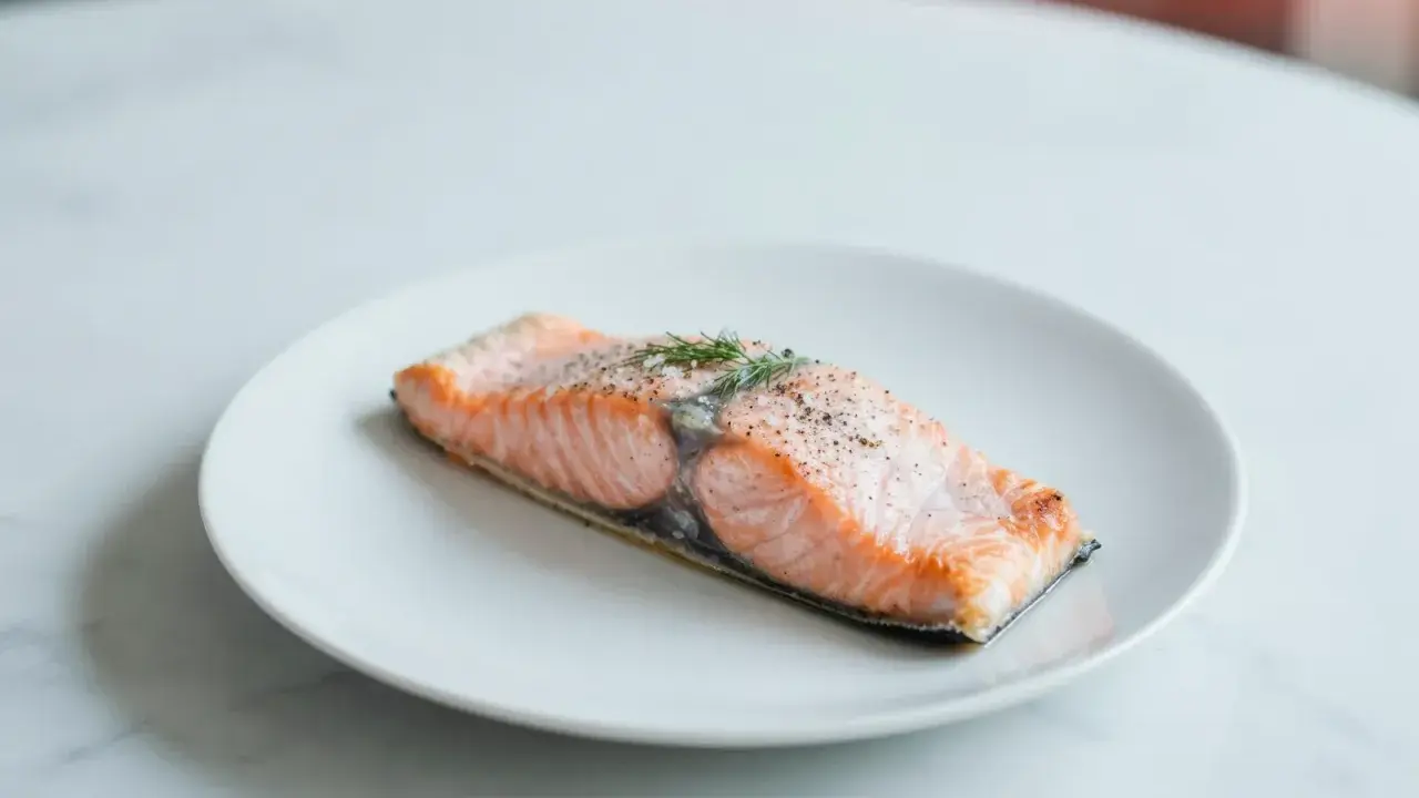 Soczysty łosoś z airfryer, doprawiony pieprzem i świeżym koperkiem, prezentuje się apetycznie na białym talerzu.