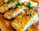 Soczysta ryba z airfryer, przyprawiona ziołami i czosnkiem, podana na drewnianej desce.