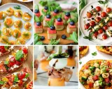 Kolorowe przekąski na grilla: mini tartinki z łososiem, szaszłyki z arbuza i ogórka, caprese na patyku, bruschetta z pomidorami i serkiem, melon z mozzarellą i prosciutto, quesadillas z kurczakiem.