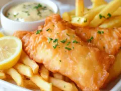 Chrupiąca ryba w cieście, podana z frytkami, cytryną i sosem tatarskim. Idealny posiłek na szybki lunch.