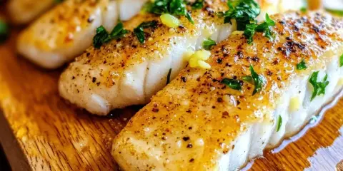 Soczysta ryba z airfryer, przyprawiona ziołami i czosnkiem, podana na drewnianej desce.