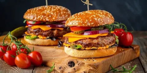 Dwa soczyste burgery z idealnie wysmażonym mięsem na burgery, serem, warzywami i sezamową bułką, podane na drewnianej desce z pomidorkami.