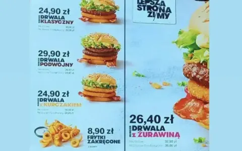 Drwala Klasyczny kosztuje 24,90 zł. Menu McDonald's pokazuje też inne burgery, np. Drwala Podwójnego za 29,90 zł.