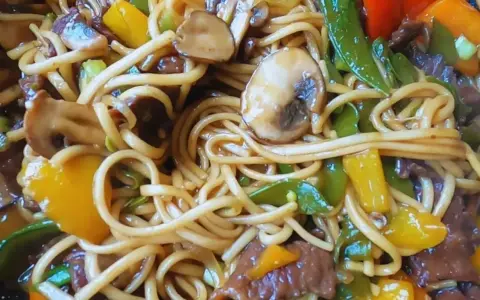 Pyszny makaron udon z wołowiną, grzybami i kolorową papryką. Idealny przepis na szybki obiad.