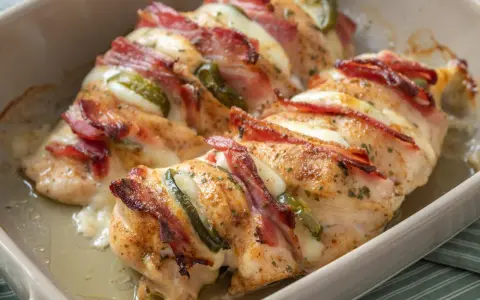 Pieczony filet z kurczaka zawinięty w boczek z serem i papryczką jalapeno. Pyszny filet z kurczaka na obiad inaczej, wprost z naczynia żaroodpornego.