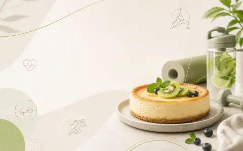 Pyszny sernik skyr pieczony fit, udekorowany kiwi i borówkami, obok maty do jogi i butelki z wodą.