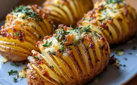 Pyszne, chrupiące pieczone ziemniaki w airfryer, z serem i ziołami, wyglądają apetycznie.