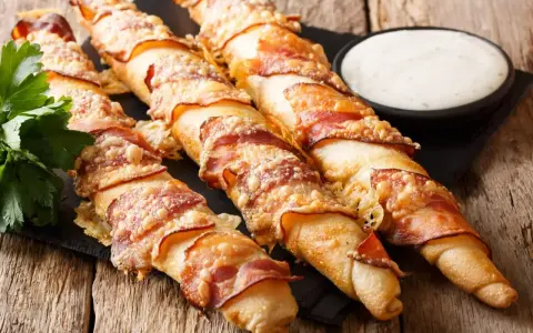Pyszne paluszki z ciasta na pizzę owinięte boczkiem i posypane serem. Świetny pomysł na przekąskę!