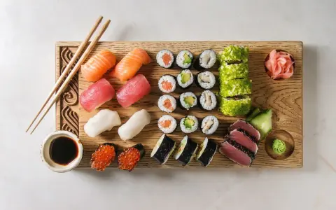 Deska z różnorodnymi składnikami do sushi: nigiri z łososiem, tuńczykiem i krewetkami, maki z awokado i rybą, rolki w ikrze, sashimi z tuńczyka, sos sojowy, wasabi i marynowany imbir.