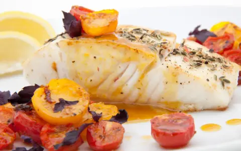 Pyszny halibut ryba, pieczony z pomidorkami koktajlowymi i ziołami, podany z cytryną.