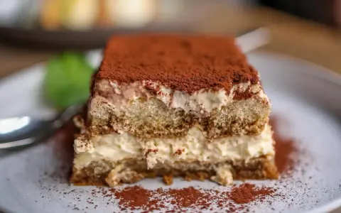 Pyszny kawałek tiramisu z mascarpone, posypany kakao. Idealny na deser, gdy szukasz sprawdzonego przepisu.