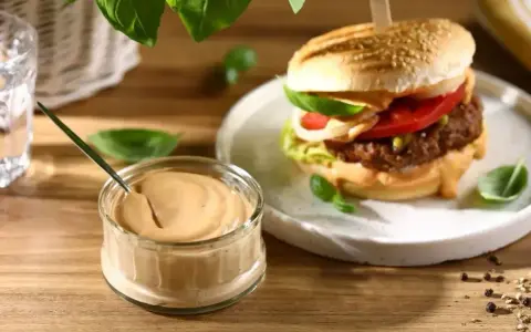 Pyszny sos do burgera w słoiczku, obok apetyczny burger z dodatkami. Idealny duet na letni wieczór.
