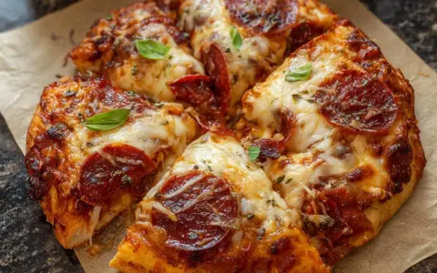 Pyszna pizza z pepperoni, z ciągnącym się serem i świeżą bazylią, przygotowana w air fryerze.