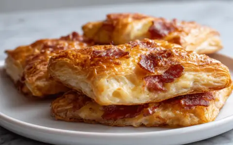 Chrupiące ciasto francuskie w airfryer z kawałkami bekonu, idealne na szybką przekąskę.