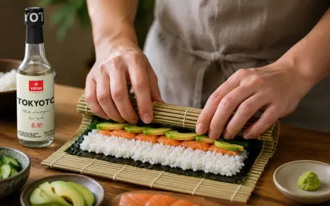Ręce zwijają domowe sushi z łososiem i awokado na macie bambusowej. Obok butelka octu ryżowego.