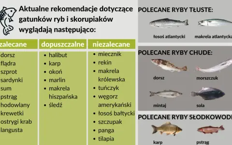 Lista polecanych ryb morskich i słodkowodnych, w tym dorsz, makrela i łosoś.