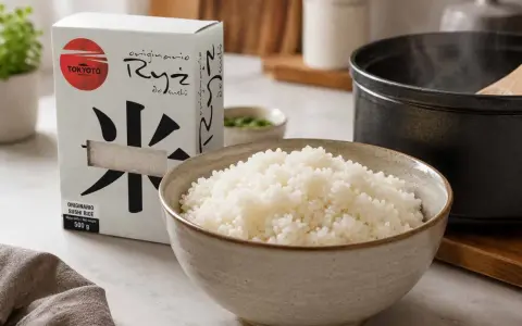 Idealny ryż do sushi, gotowy do przygotowania. Pudełko z napisem "Ryż do sushi" i miska pełna ugotowanego ryżu.