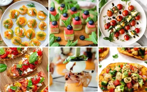 Kolorowe przekąski na grilla: mini tartinki z łososiem, szaszłyki z arbuza i ogórka, caprese na patyku, bruschetta z pomidorami i serkiem, melon z mozzarellą i prosciutto, quesadillas z kurczakiem.