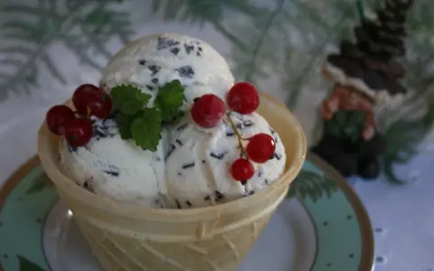 Lody straciatella w wafelku, ozdobione listkami mięty i czerwonymi porzeczkami.