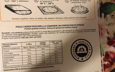 Pizza Guseppe z serem mozzarella i edamskim, gotowa do pieczenia. Instrukcja przygotowania na opakowaniu.
