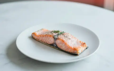 Soczysty łosoś z airfryer, doprawiony pieprzem i świeżym koperkiem, prezentuje się apetycznie na białym talerzu.