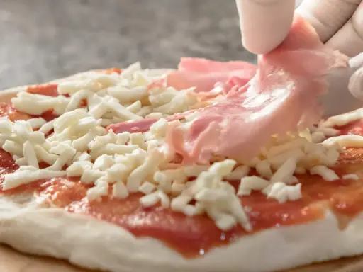 Rękawiczki zakładają cienkie plastry szynki parmeńskiej na pizzę z serem i sosem pomidorowym.