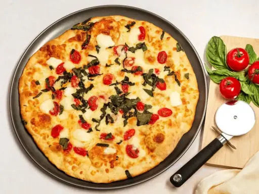 Pyszna pizza z serka wiejskiego, pomidorkami koktajlowymi i bazylią. Obok leży nóż do pizzy i świeże pomidory.