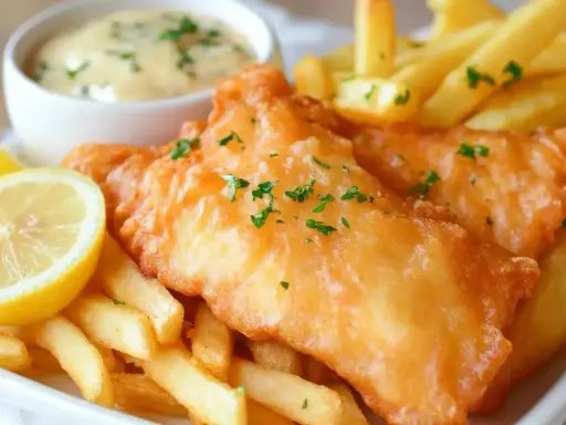 Chrupiąca ryba w cieście, podana z frytkami, cytryną i sosem tatarskim. Idealny posiłek na szybki lunch.