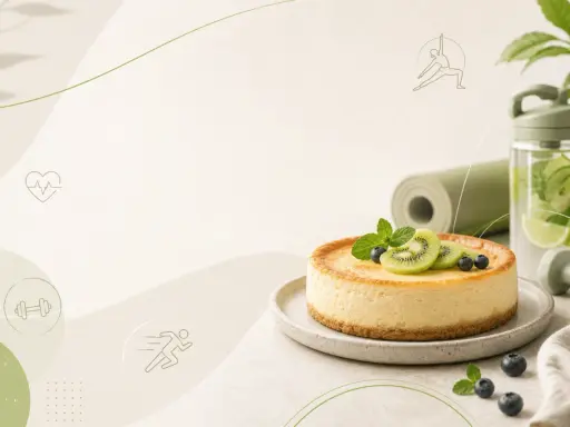 Pyszny sernik skyr pieczony fit, udekorowany kiwi i borówkami, obok maty do jogi i butelki z wodą.
