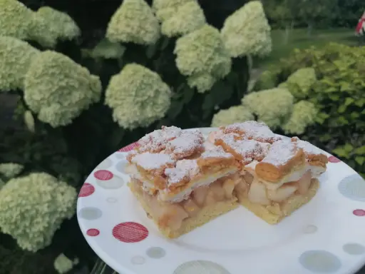 Pyszna szarlotka z bezą i kruszonką, oprószona cukrem pudrem, na talerzu wśród kwitnących hortensji.