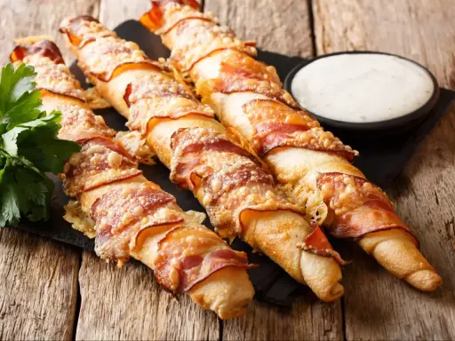 Pyszne paluszki z ciasta na pizzę owinięte boczkiem i posypane serem. Świetny pomysł na przekąskę!