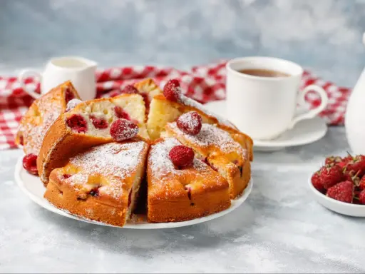 Błyskawiczne i super łatwe ciasto z owocami, posypane cukrem pudrem, z malinami i filiżanką herbaty.