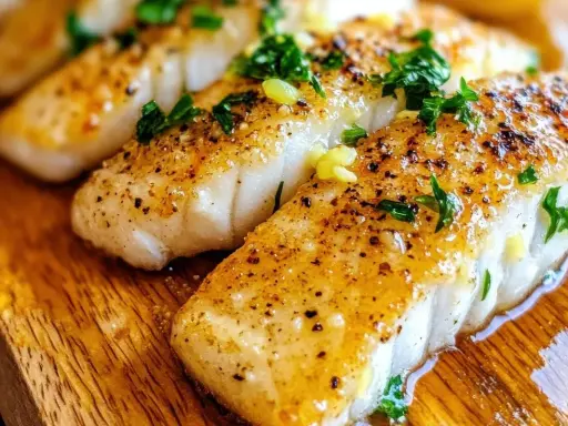 Soczysta ryba z airfryer, przyprawiona ziołami i czosnkiem, podana na drewnianej desce.
